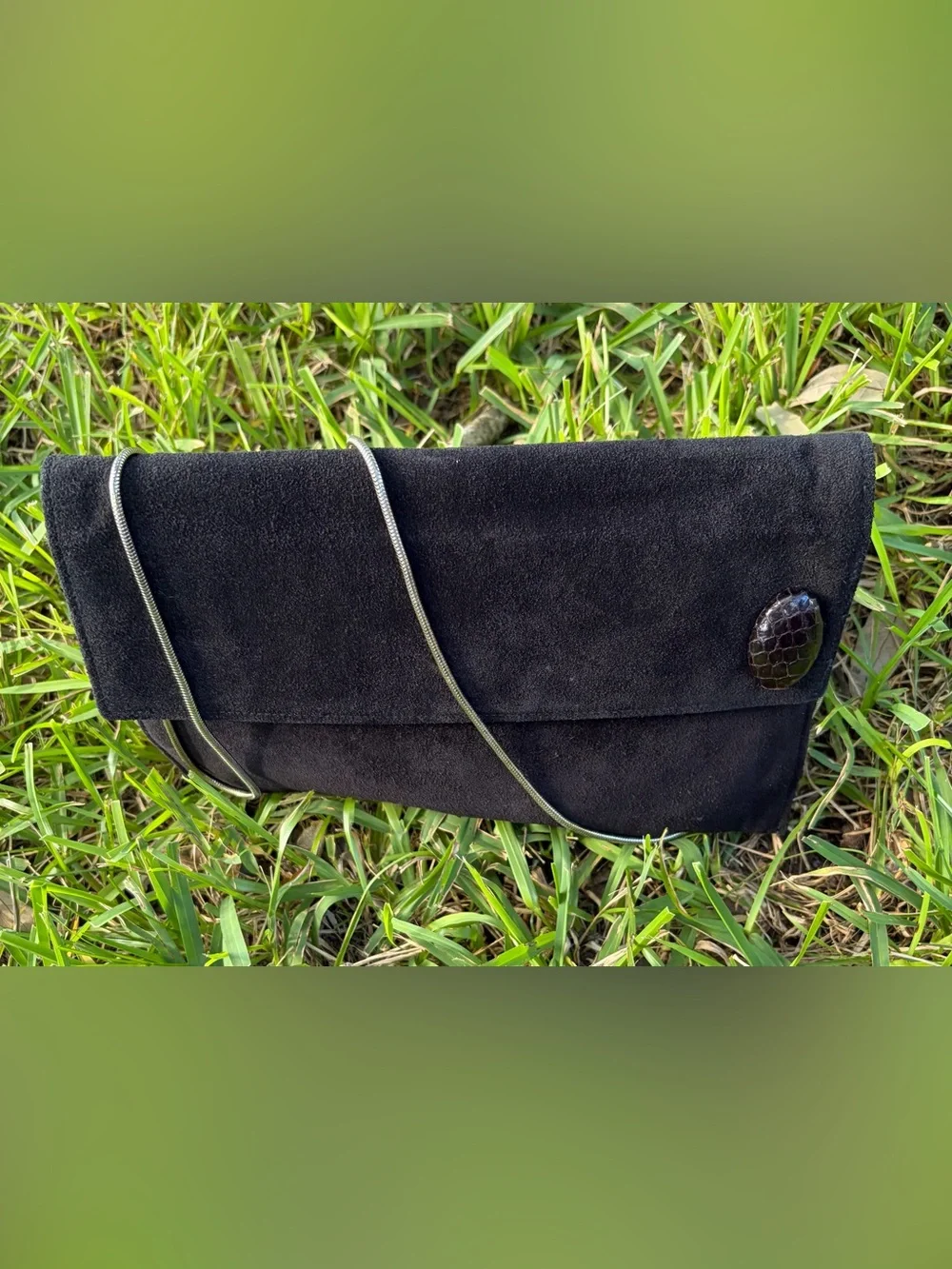 Vintage Black Suede Flap Clutch with Chain Strap